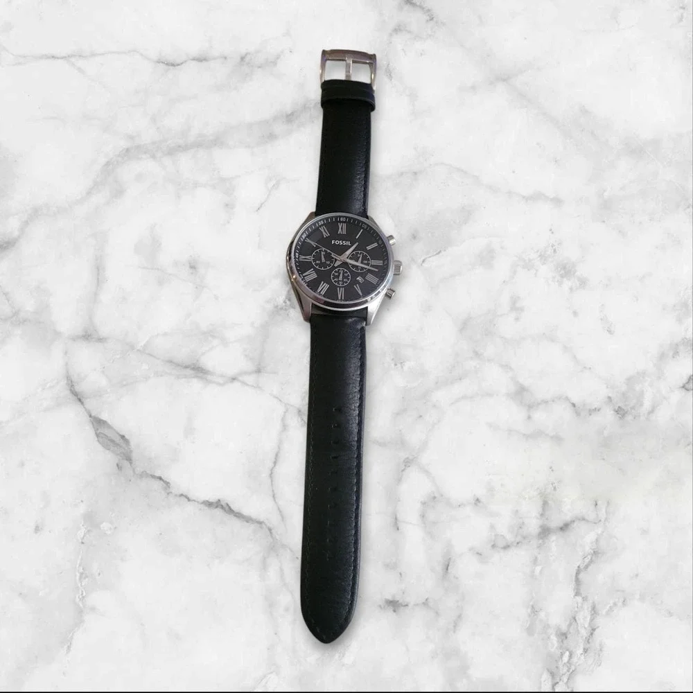 Fossil Grant Chronograph Watch Mens Black Silver Leather Band Roman Num FS4812‎